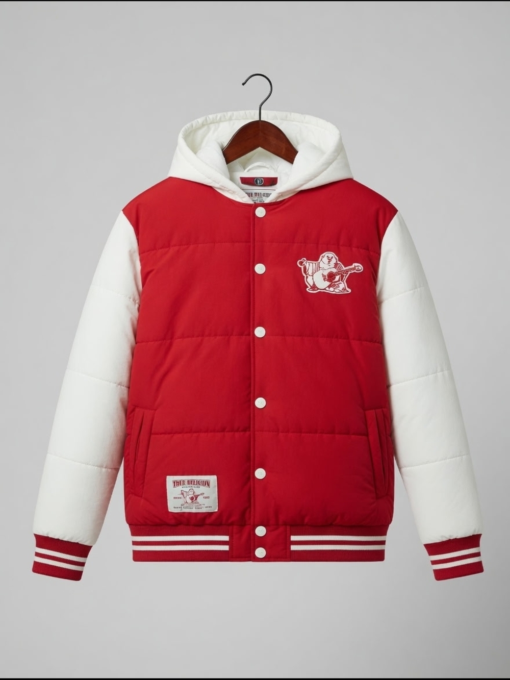 True Religion Red and White Varsity Jacket with Graphic Back